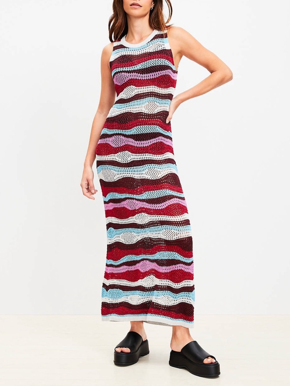 LOFT Beach NWT Multi-Colored Striped Wavy Crochet Knit Maxi Dress Sz L